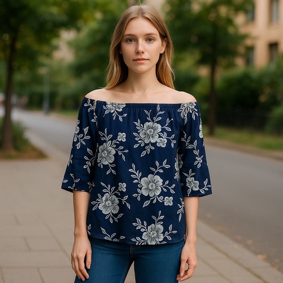 Elegant Navy Floral Off-Shoulder Blouse - Picture 1 of 4